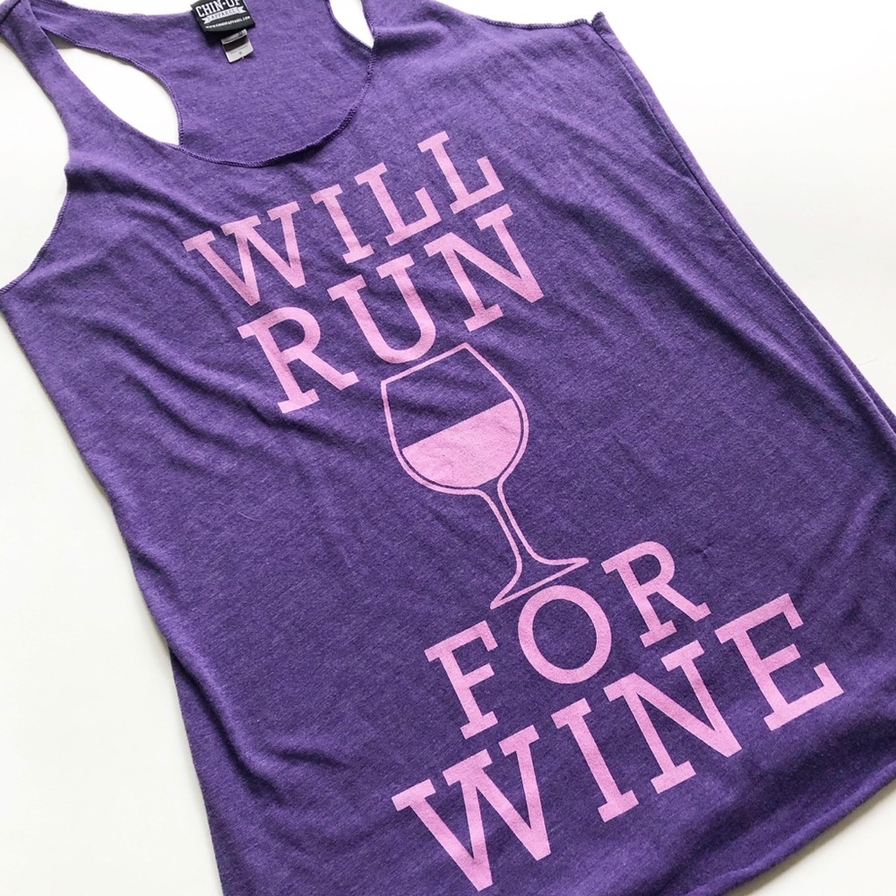 "Will Run for Wine" Racerback Tank Purple Small